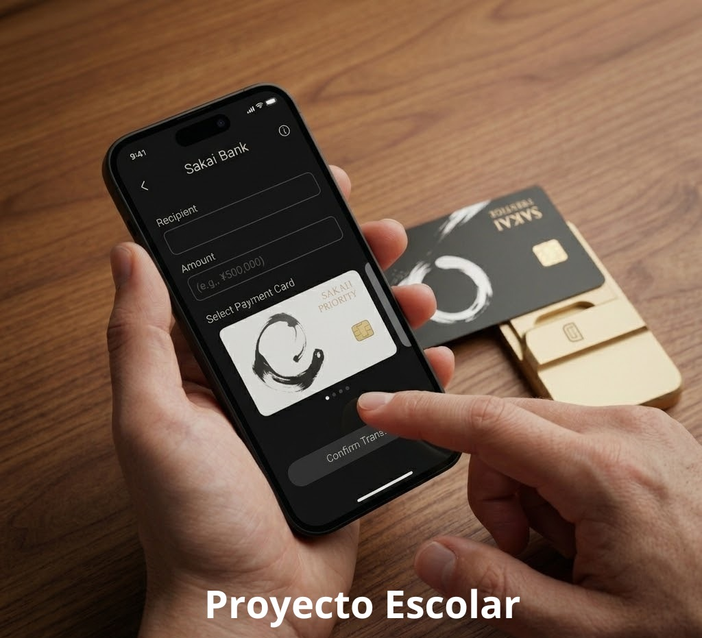 Imagen donde el usuario esta utilizando la banca digital y al lado su tarjeta Sakai Prestige.